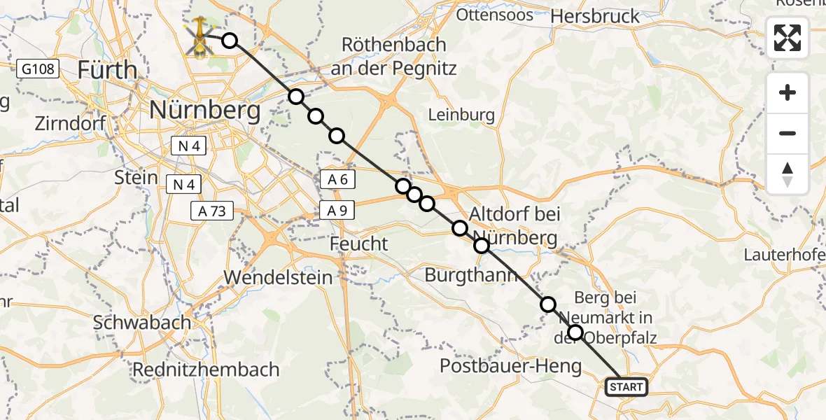 Flugroute Rettungshubschrauber Neumarkt i.d.OPf. - Flughafen Nuremberg, 22 Juni 2026, 12:10