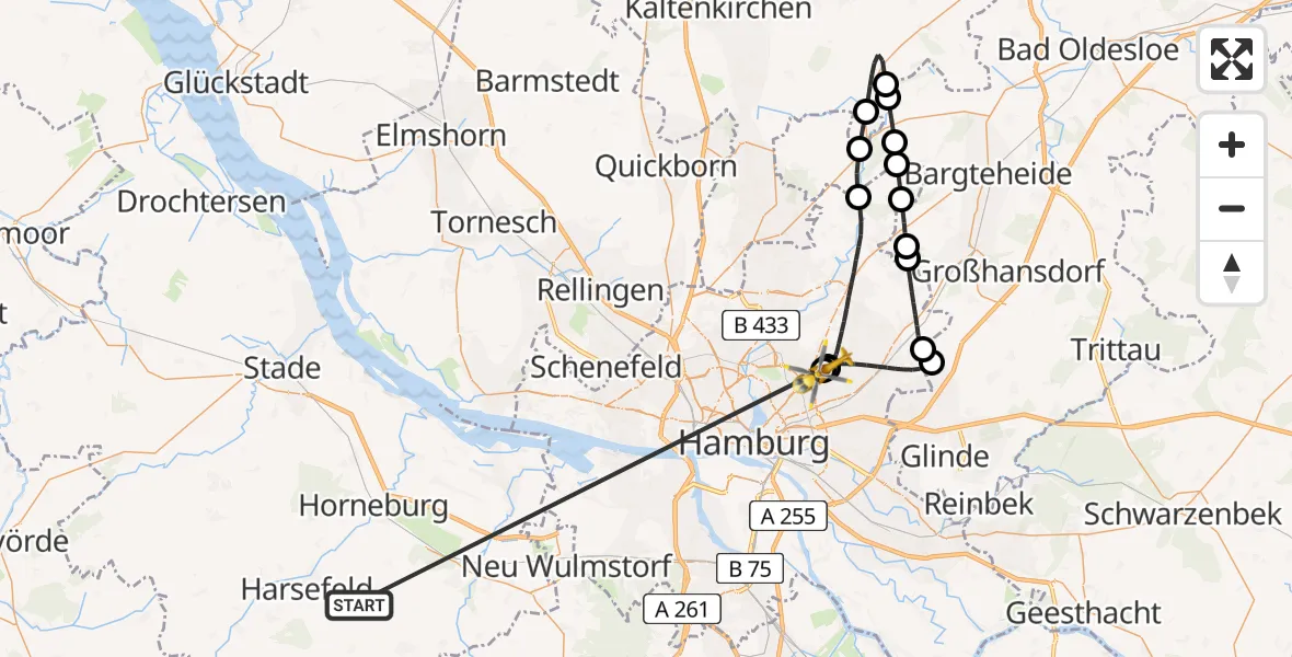 Flugroute Rettungshubschrauber Harsefeld - Hamburg Military Hospital, 22 Juni 2026, 12:18