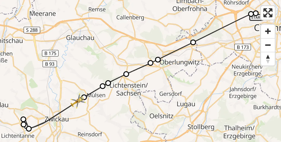 Flugroute Rettungshubschrauber Flemmingstraße Hospital Rooftop - Zwickau, 22 Juni 2026, 12:22