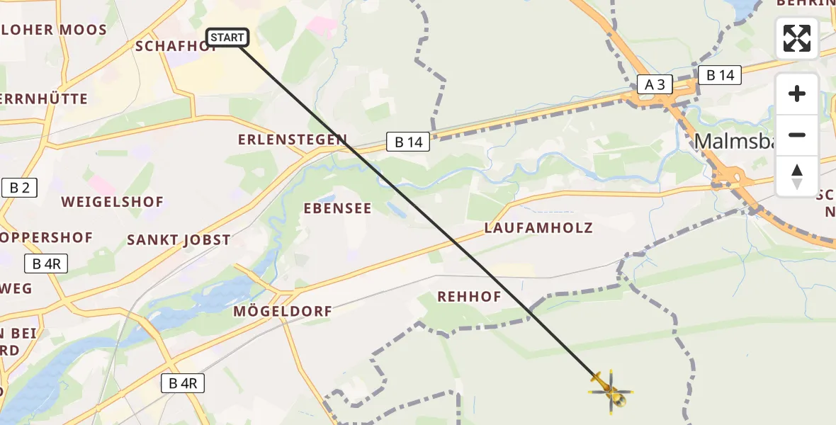 Flugroute Rettungshubschrauber Nürnberg - Zerzabelshofer Forst, 22 Juni 2026, 12:23