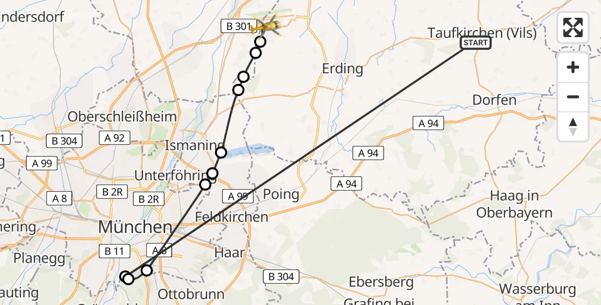 Flugroute Rettungshubschrauber Taufkirchen (Vils) - München Flughafen, 22 Juni 2026, 12:27