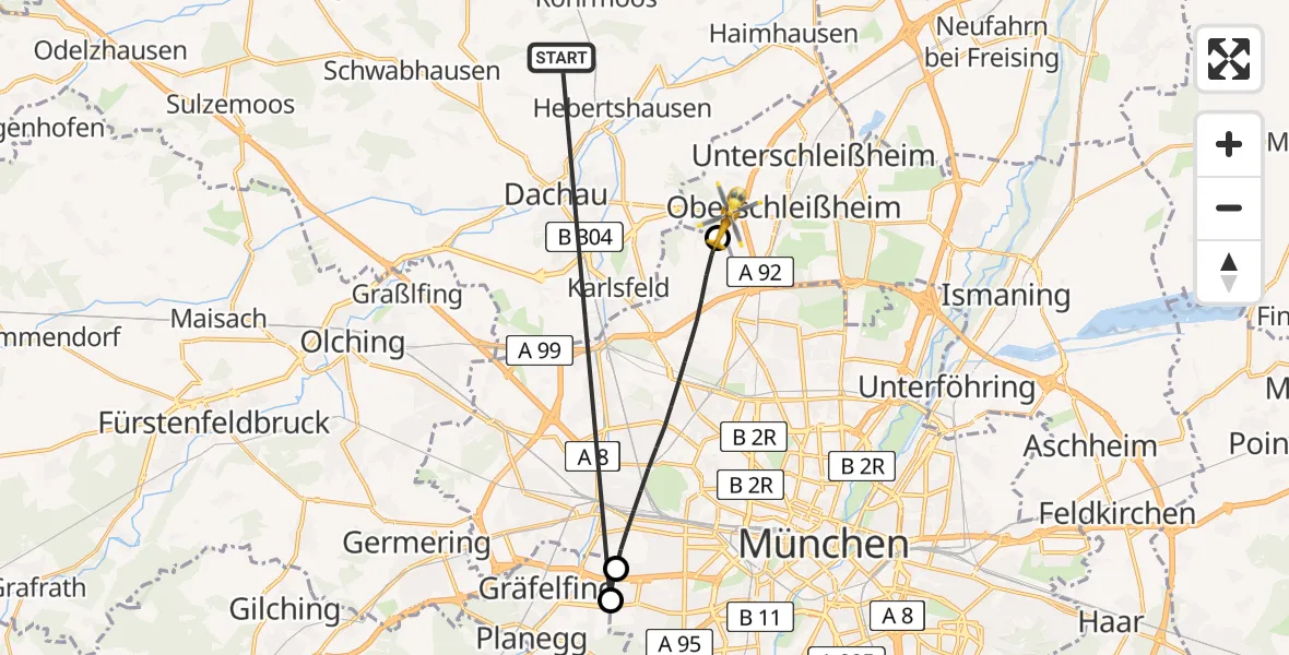 Flugroute Rettungshubschrauber Röhrmoos - Oberschleißheim, 22 Juni 2026, 12:31