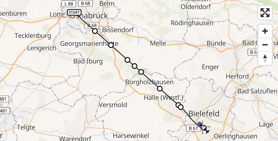 Flugroute Polizeihubschrauber Osnabrück - Luftrettungszentrum Bielefeld, 22 Juni 2026, 12:34