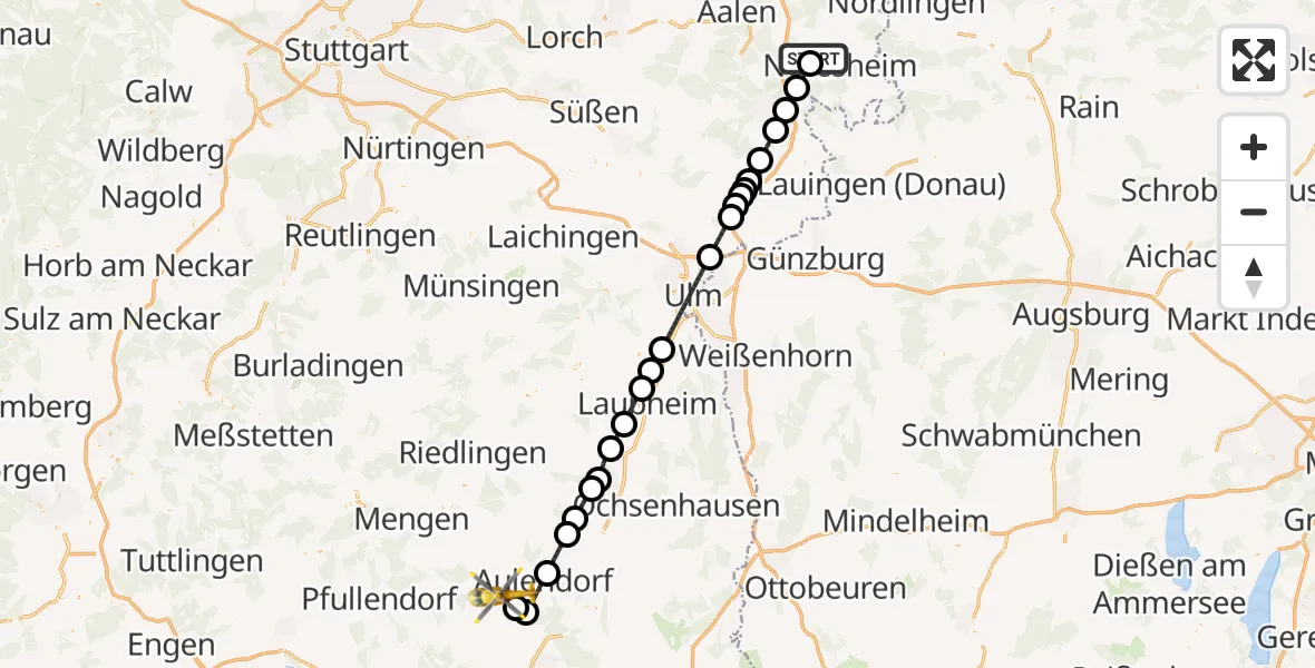 Flugroute Rettungshubschrauber Neresheim - Altshausen, 22 Juni 2026, 12:36