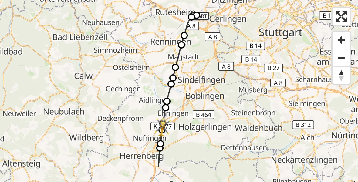 Flugroute Rettungshubschrauber Leonberg Hospital - Gärtringen, 22 Juni 2026, 12:39