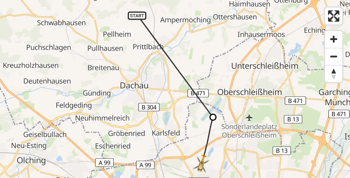 Flugroute Rettungshubschrauber Röhrmoos - München, 22 Juni 2026, 12:40