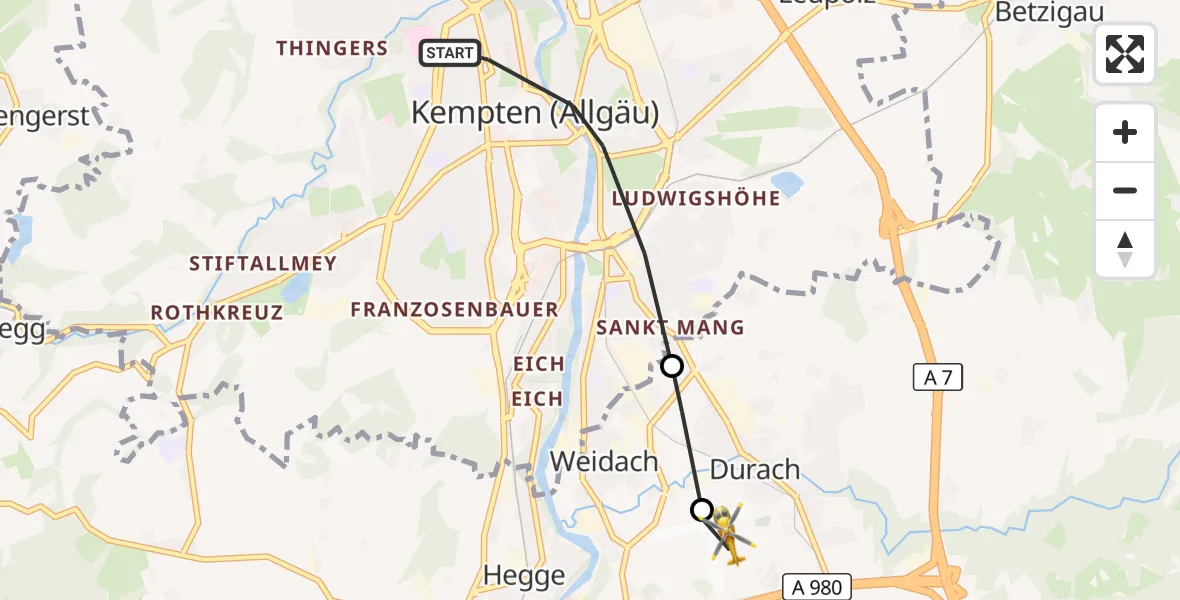 Flugroute Rettungshubschrauber Kempten (Allgäu) - Kempten-Durach Flugplatz, 22 Juni 2026, 12:42
