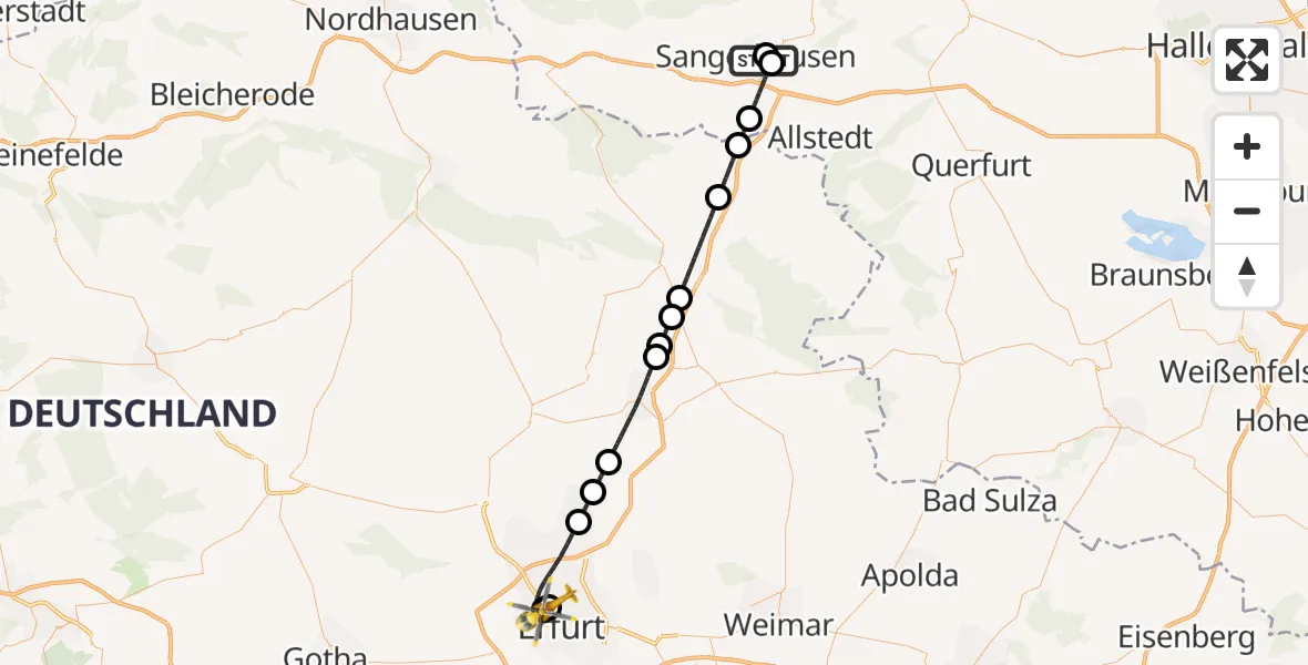 Flugroute Rettungshubschrauber Helios Clinic Mansfeld-Südharz - Helios Clinic Erfurt, 22 Juni 2026, 12:42
