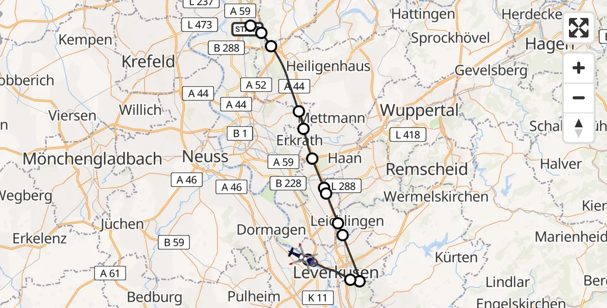 Flugroute Polizeihubschrauber Duisburg Air Rescue Hubschrauberlandeplatz (Christoph 9) - Köln, 22 Juni 2026, 12:44