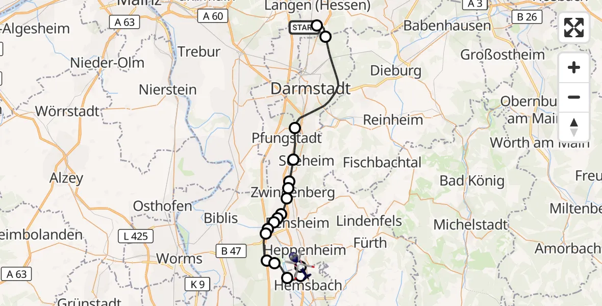 Flugroute Polizeihubschrauber Flughafen Frankfurt-Egelsbach - Segelflugplatz Heppenheim, 22 Juni 2026, 12:45