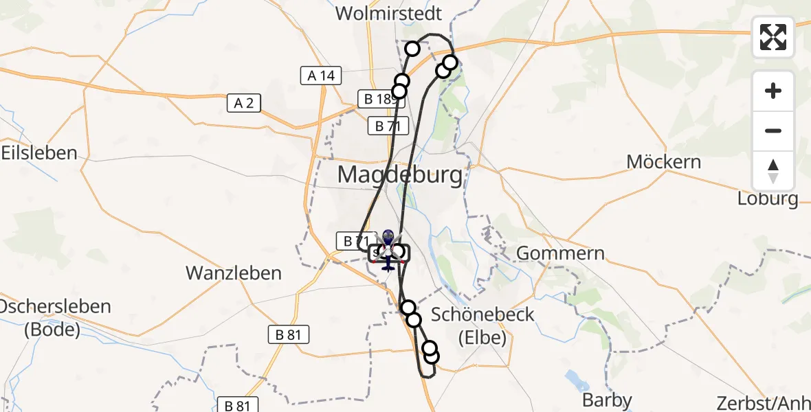 Flugroute Polizeihubschrauber Magdeburg City Flugplatz - Magdeburg City Flugplatz, 22 Juni 2026, 12:45