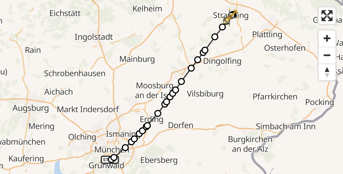 Flugroute Rettungshubschrauber ADAC Air Rescue Center Hubschrauberlandeplatz (Christoph 1) - Straubing, 22 Juni 2026, 12:49