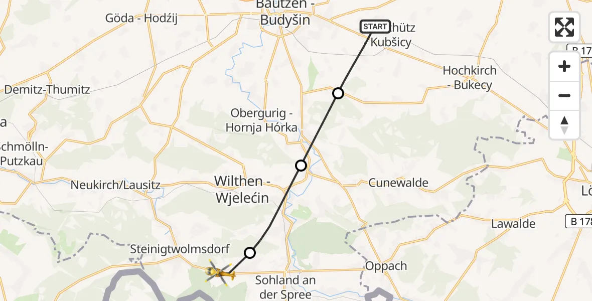Flugroute Rettungshubschrauber Kubschütz - Sohland a.d.Spree, 22 Juni 2026, 12:57