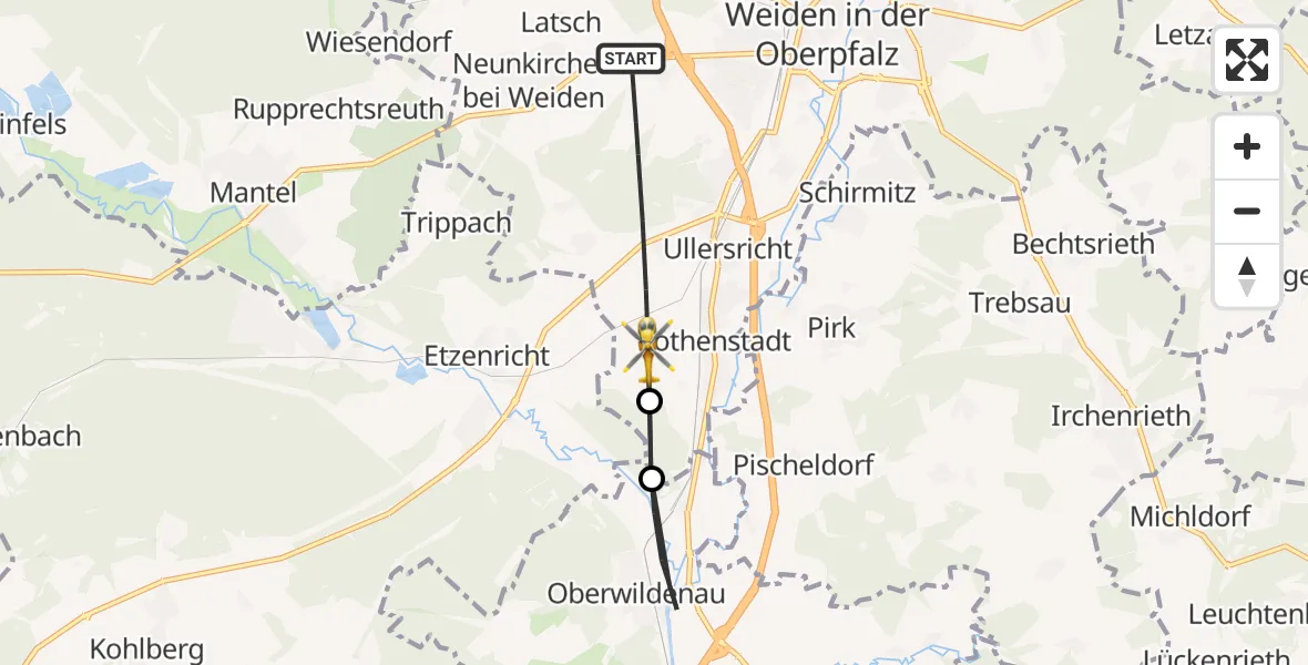 Flugroute Rettungshubschrauber Weiden i.d.OPf. - Weiden i.d.OPf., 22 Juni 2026, 12:58