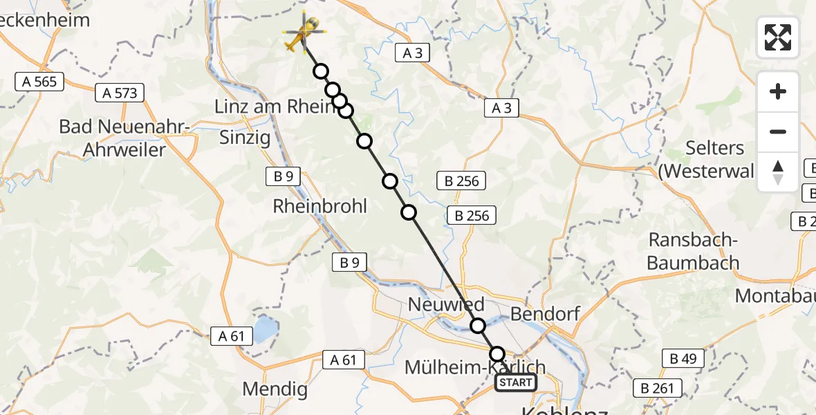 Flugroute Rettungshubschrauber Koblenz - Linz am Rhein, 22 Juni 2026, 12:58