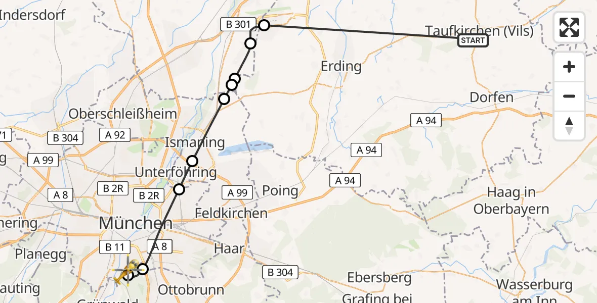 Flugroute Rettungshubschrauber Taufkirchen (Vils) - ADAC Air Rescue Center Hubschrauberlandeplatz (Christoph 1), 22 Juni 2026, 12:58
