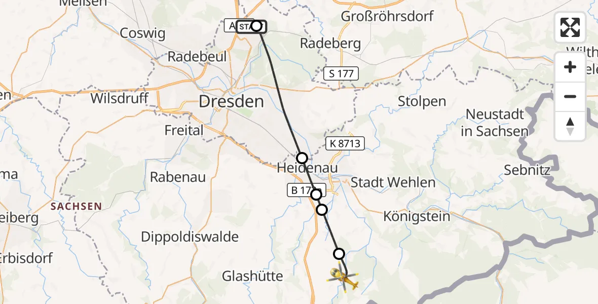 Flugroute Rettungshubschrauber Dresden Bundespolizei Hubschrauberlandeplatz - Bad Gottleuba-Berggießhübel, 22 Juni 2026, 12:59