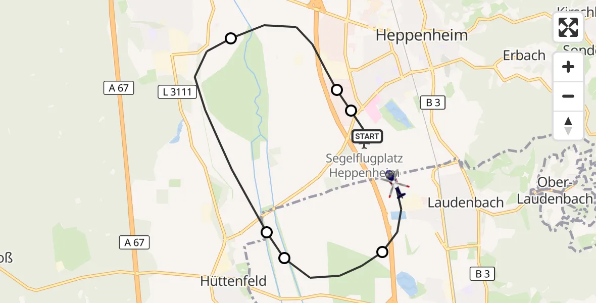 Flugroute Polizeihubschrauber Segelflugplatz Heppenheim - Laudenbach, 22 Juni 2026, 13:05
