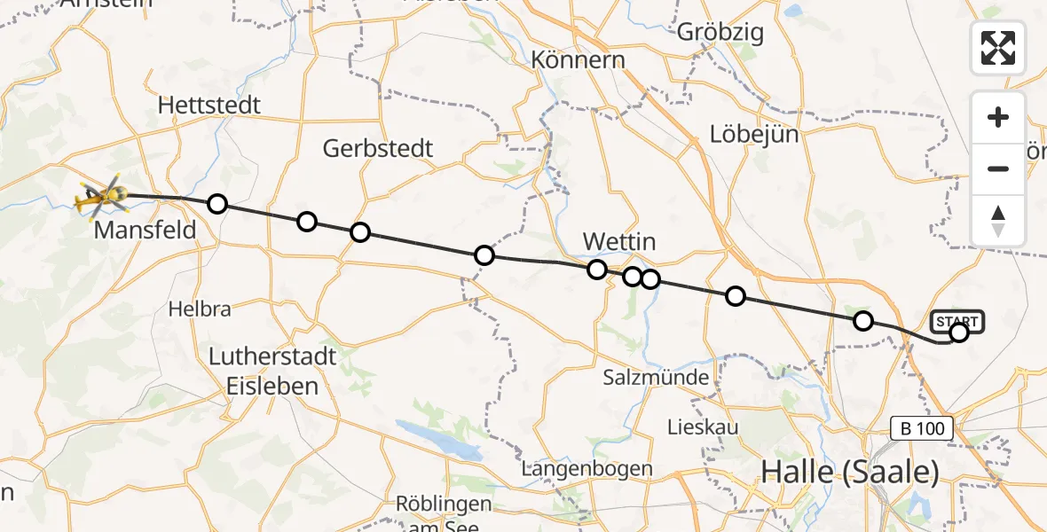Flugroute Rettungshubschrauber Halle-Oppin Flugplatz - Mansfeld, 22 Juni 2026, 13:07