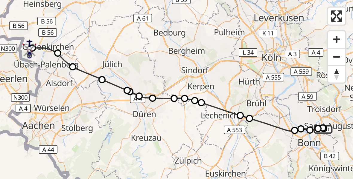 Flugroute Polizeihubschrauber Sankt Augustin - Militärflugplatz Geilenkirchen, 22 Juni 2026, 13:08