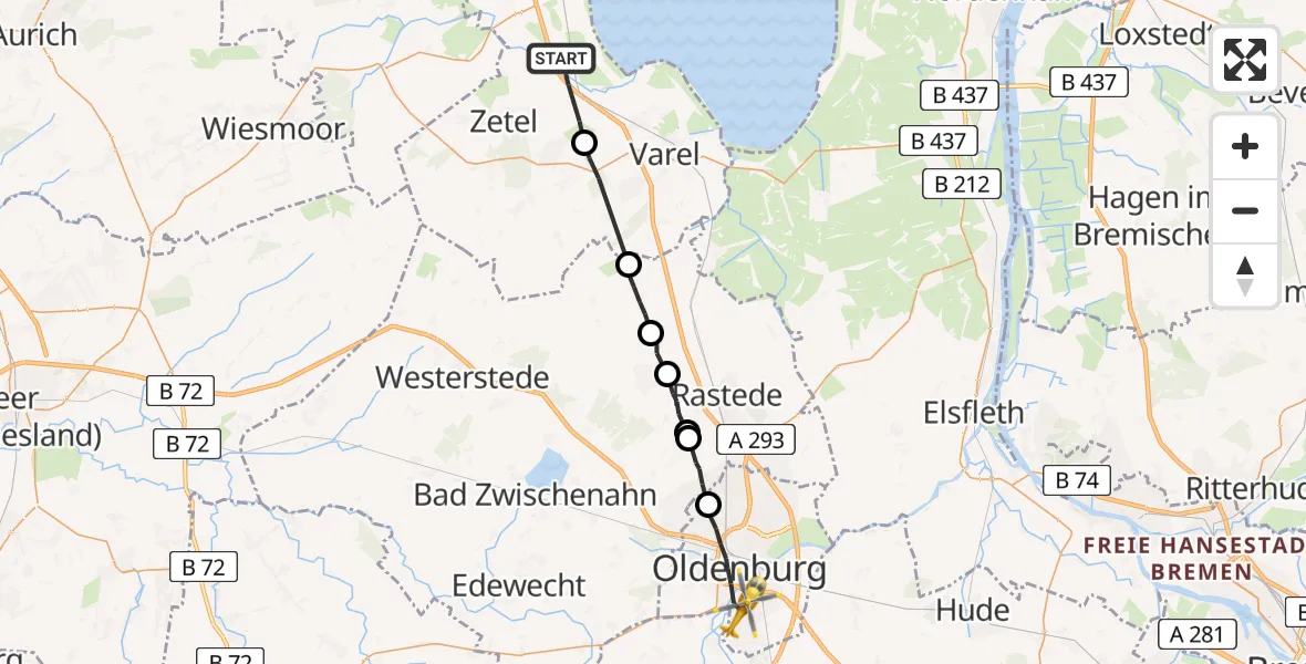 Flugroute Rettungshubschrauber Bockhorn - Oldenburg (Oldb), 22 Juni 2026, 13:10