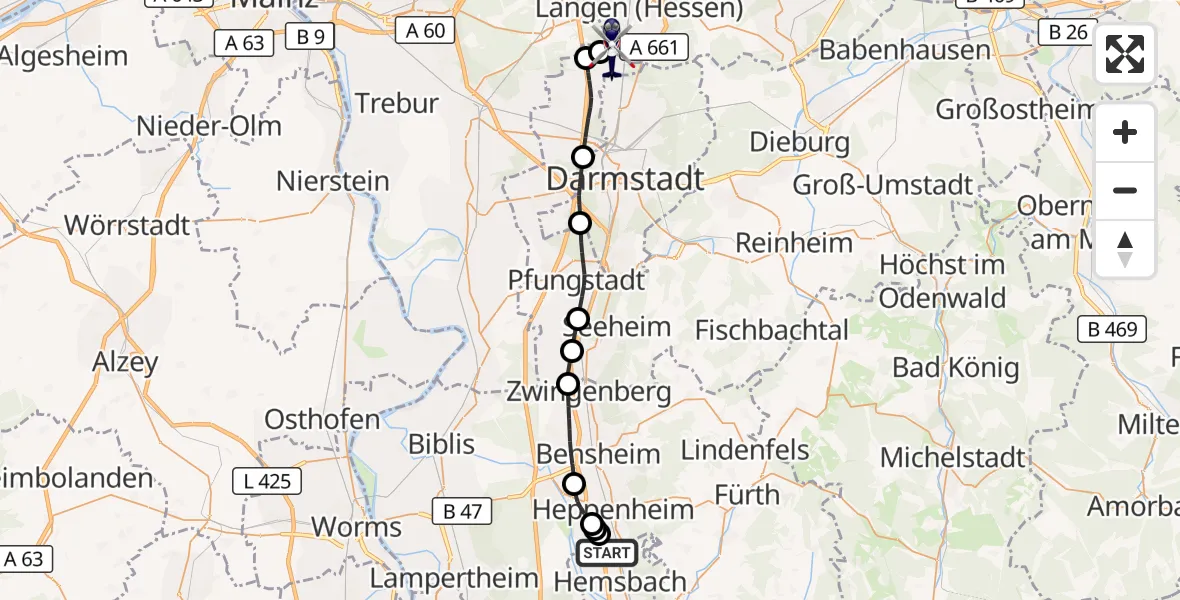Flugroute Polizeihubschrauber Laudenbach - Flughafen Frankfurt-Egelsbach, 22 Juni 2026, 13:11