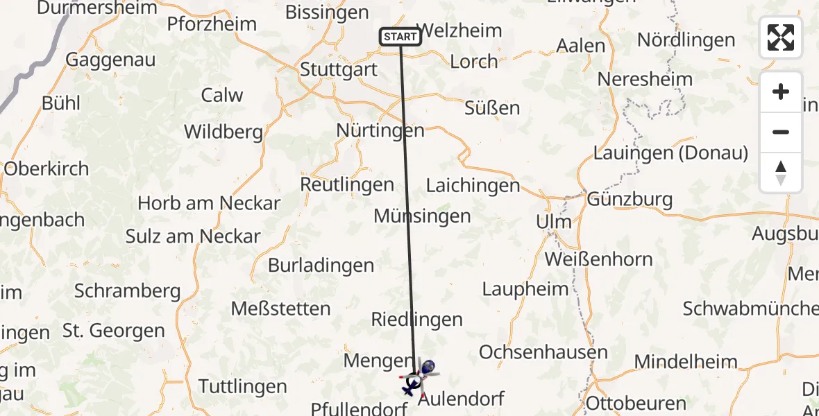 Flugroute Polizeihubschrauber Winnenden - Bad Saulgau, 22 Juni 2026, 13:14