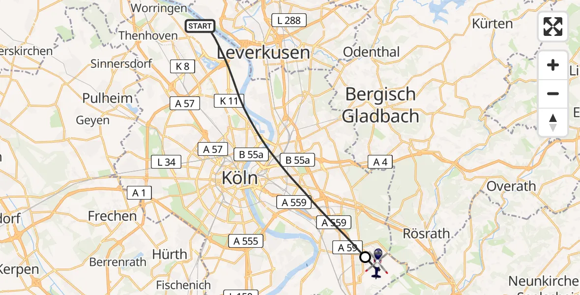 Flugroute Polizeihubschrauber Köln - Köln Bonn Flughafen, 22 Juni 2026, 13:18
