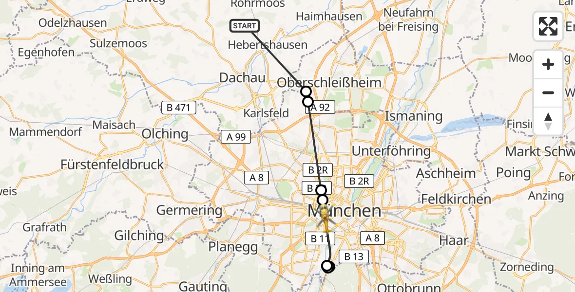 Flugroute Rettungshubschrauber Röhrmoos - München, 22 Juni 2026, 13:22