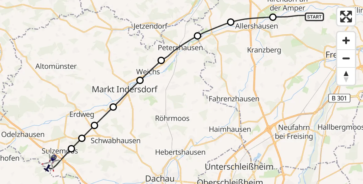 Flugroute Polizeihubschrauber Kirchdorf a.d.Amper - Sulzemoos, 22 Juni 2026, 13:24