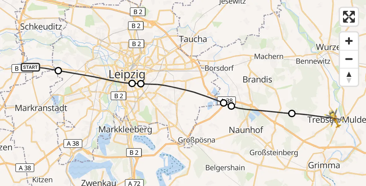 Flugroute Rettungshubschrauber Schkeuditz - Trebsen/Mulde, 22 Juni 2026, 13:27