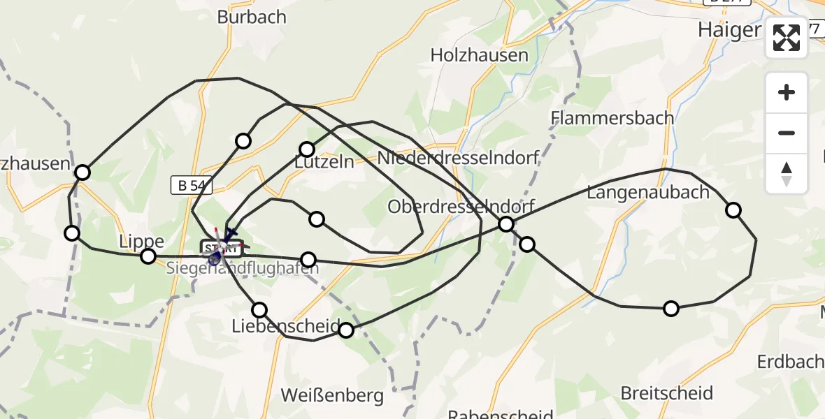 Flugroute Polizeihubschrauber Siegerland Flughafen - Siegerland Flughafen, 22 Juni 2026, 13:30