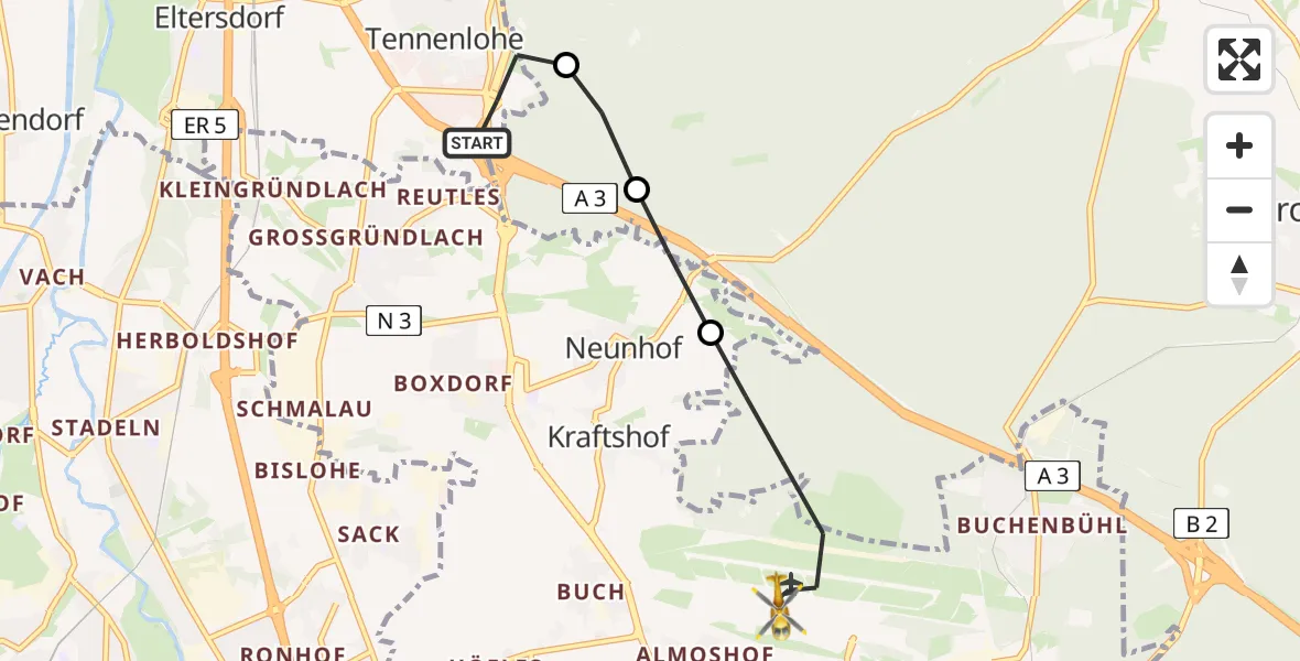 Flugroute Rettungshubschrauber Erlangen - Flughafen Nuremberg, 22 Juni 2026, 13:40