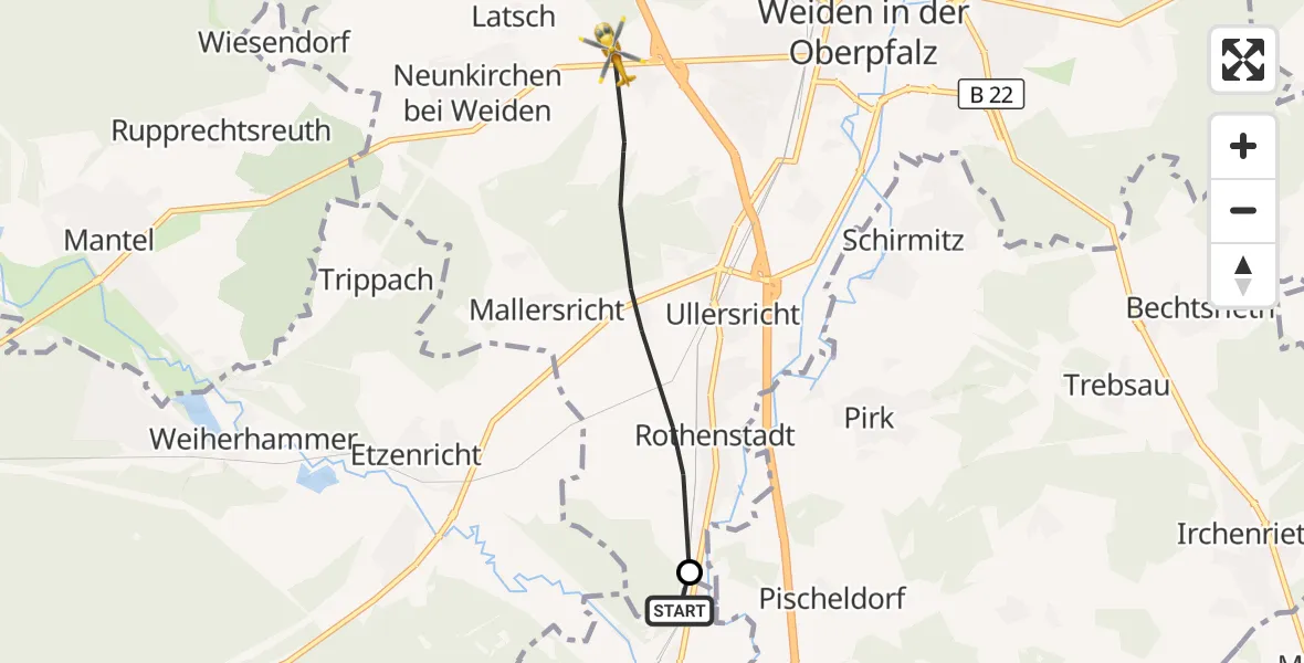 Flugroute Rettungshubschrauber Luhe-Wildenau - Weiden i.d.OPf., 22 Juni 2026, 13:44
