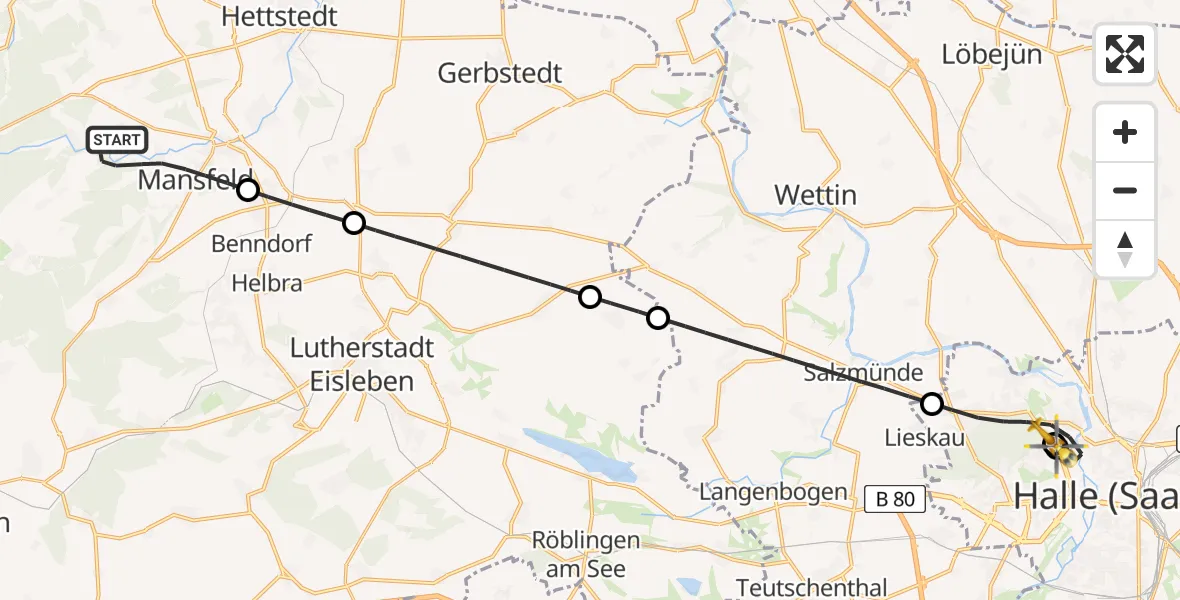 Flugroute Rettungshubschrauber Mansfeld - Halle (Saale) University Hospital, 22 Juni 2026, 13:55