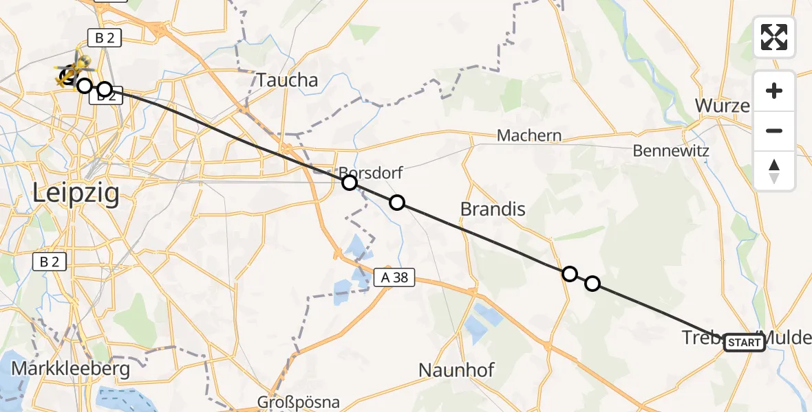 Flugroute Rettungshubschrauber Trebsen/Mulde - Sankt Georg Hospital Leipzig Reserve, 22 Juni 2026, 14:05