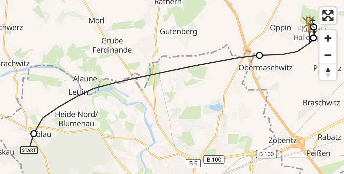 Flugroute Rettungshubschrauber Martha-Maria Halle-Dölau Hospital - Halle-Oppin Flugplatz, 22 Juni 2026, 14:06
