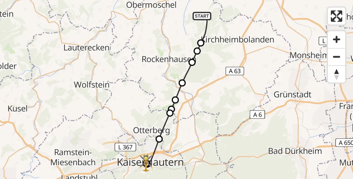 Flugroute Rettungshubschrauber Kriegsfeld - Westpfalz Hospital Kaiserslautern, 22 Juni 2026, 14:07