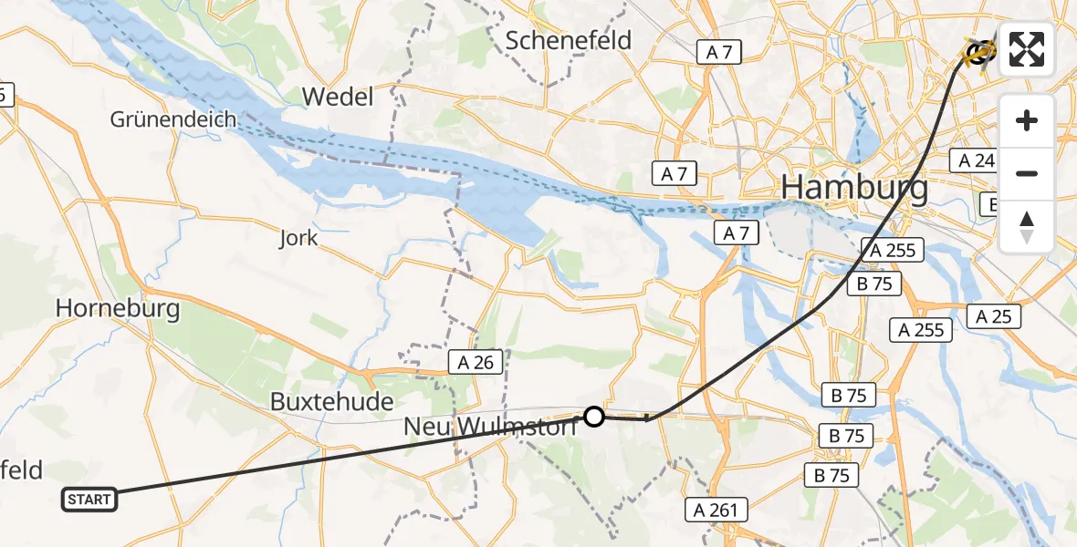 Flugroute Rettungshubschrauber Harsefeld - Hamburg Military Hospital, 22 Juni 2026, 14:08
