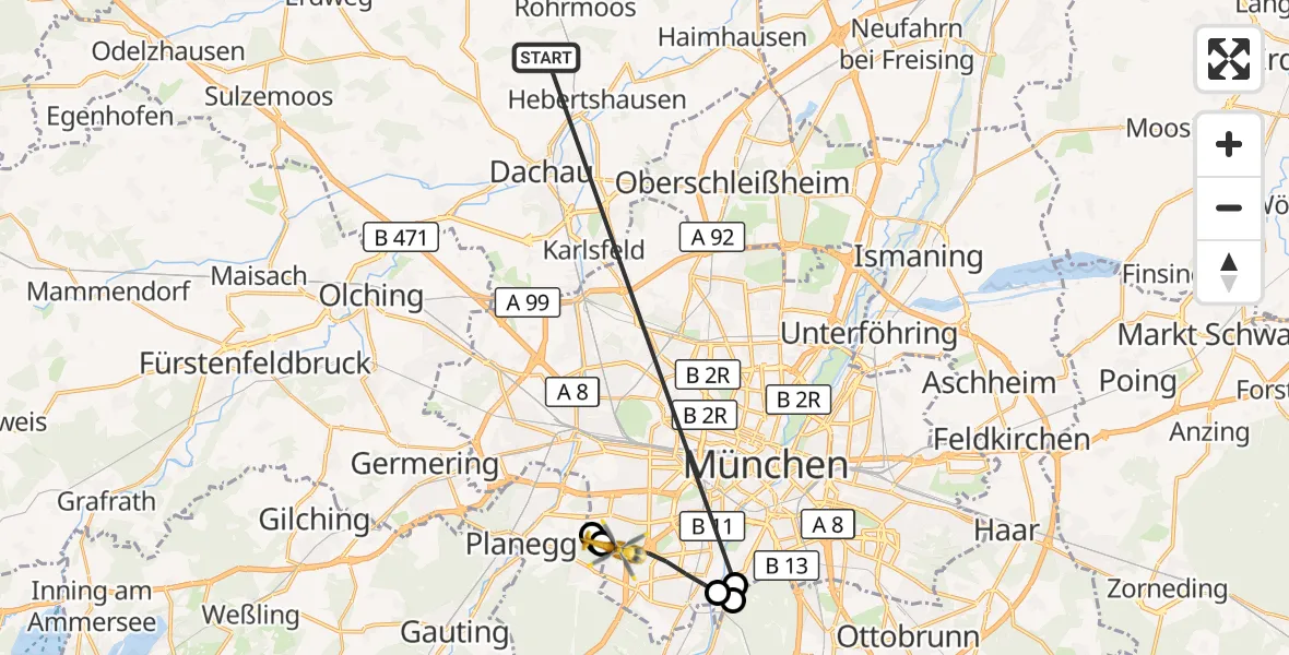 Flugroute Rettungshubschrauber Röhrmoos - München, 22 Juni 2026, 14:14