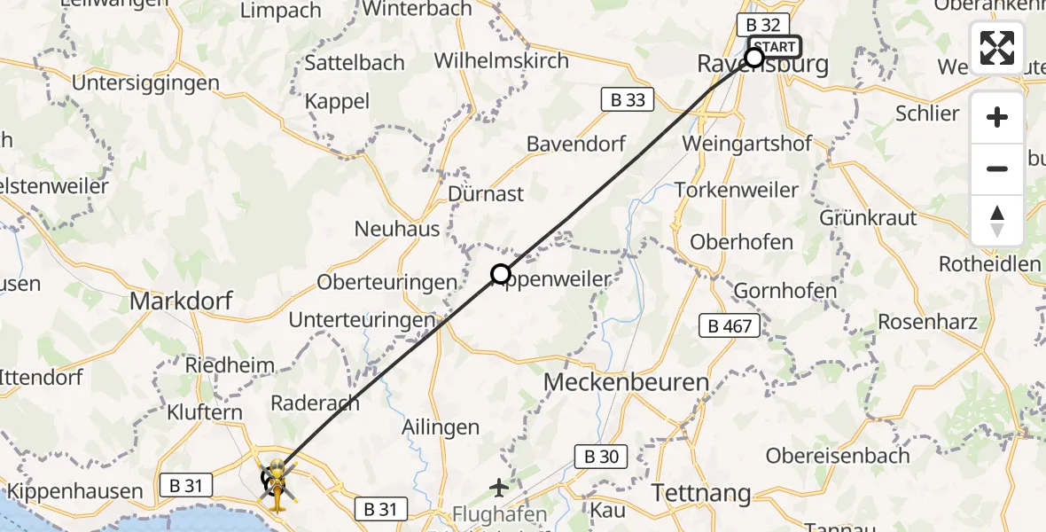 Flugroute Rettungshubschrauber Sankt Elisabeth Hospital - Friedrichshafen Hospital, 22 Juni 2026, 14:15