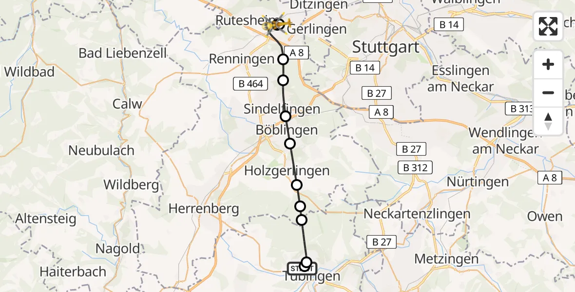 Flugroute Rettungshubschrauber Tübingen University Hospital - Leonberg Hospital Hubschrauberlandeplatz, 22 Juni 2026, 14:15