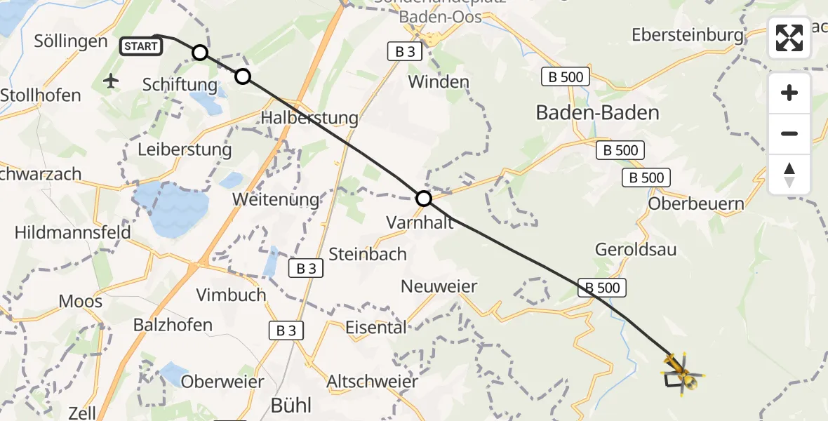 Flugroute Rettungshubschrauber Karlsruhe Baden-Baden Flughafen - Baden-Baden, 22 Juni 2026, 14:17