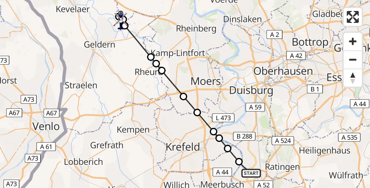 Flugroute Polizeihubschrauber Düsseldorf Flughafen - Geldern, 22 Juni 2026, 14:20