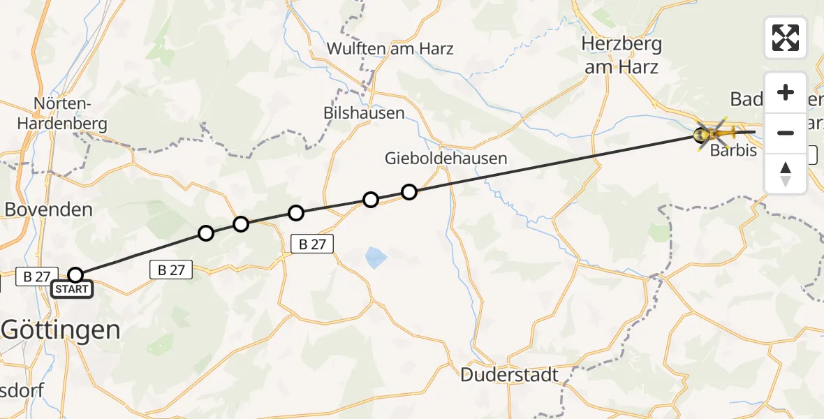Flugroute Rettungshubschrauber Göttingen University Clinic Hubschrauberlandeplatz - Bad Lauterberg im Harz, 22 Juni 2026, 14:33