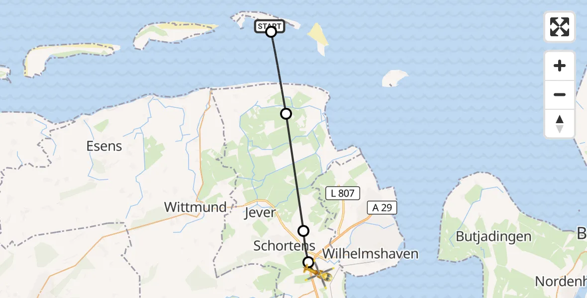 Flugroute Rettungshubschrauber Wangerooge Flughafen - Sande, 22 Juni 2026, 14:37
