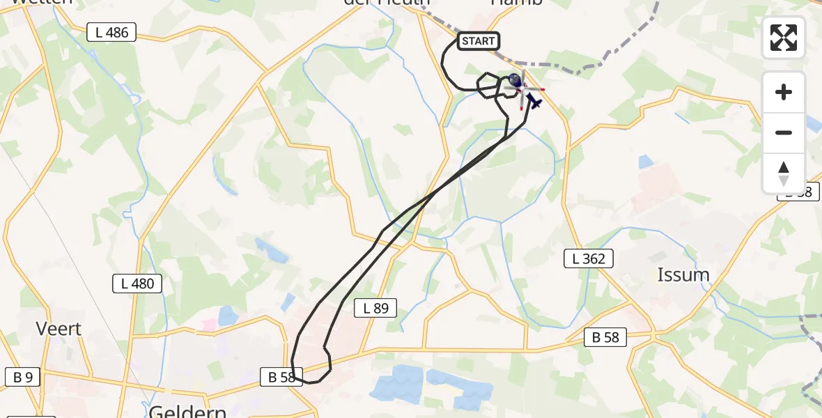 Flugroute Polizeihubschrauber Geldern - Geldern, 22 Juni 2026, 14:43