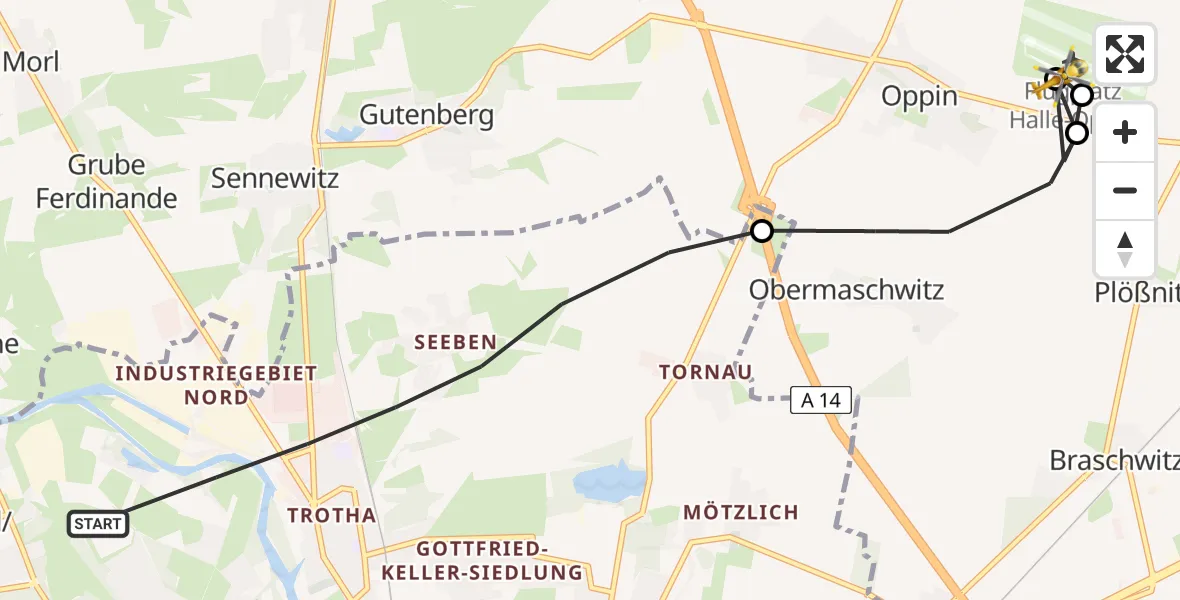 Flugroute Rettungshubschrauber Halle (Saale) - Halle-Oppin Flugplatz, 22 Juni 2026, 14:43