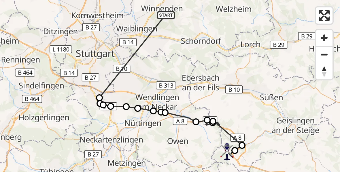Flugroute Polizeihubschrauber Winnenden - Wiesensteig, 22 Juni 2026, 14:43