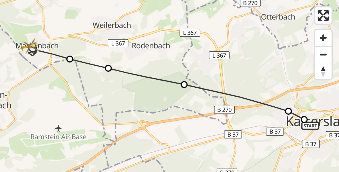 Flugroute Rettungshubschrauber Westpfalz Hospital Kaiserslautern - Mackenbach, 22 Juni 2026, 14:43